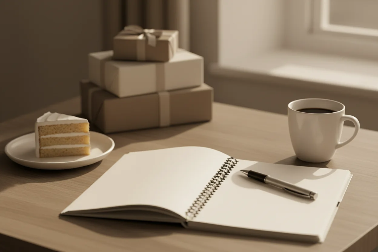 Caderno de paginas em branco, caneta, fatia de bolo e cafe sobre a mesa da cozinha