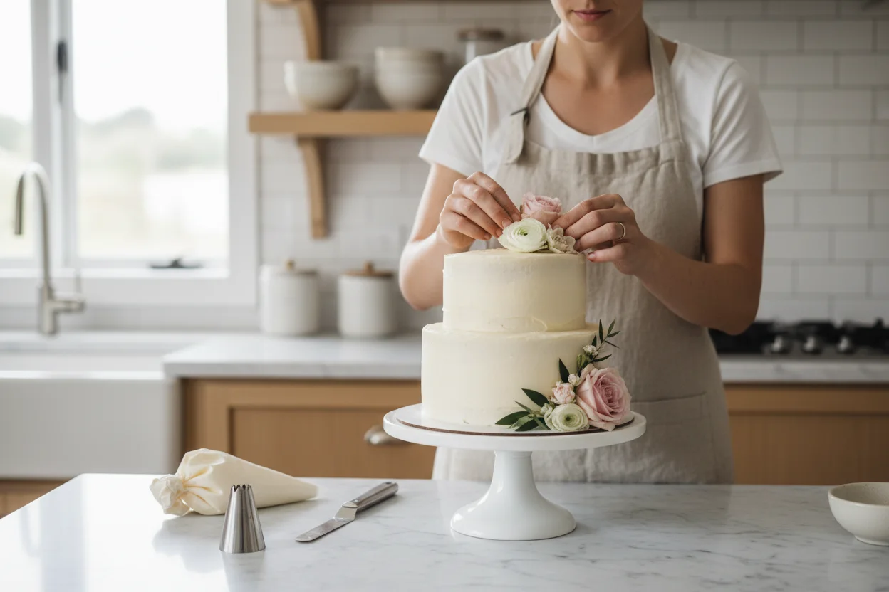 Confeiteira decorando um bolo de camadas com flores naturais na bancada da cozinha