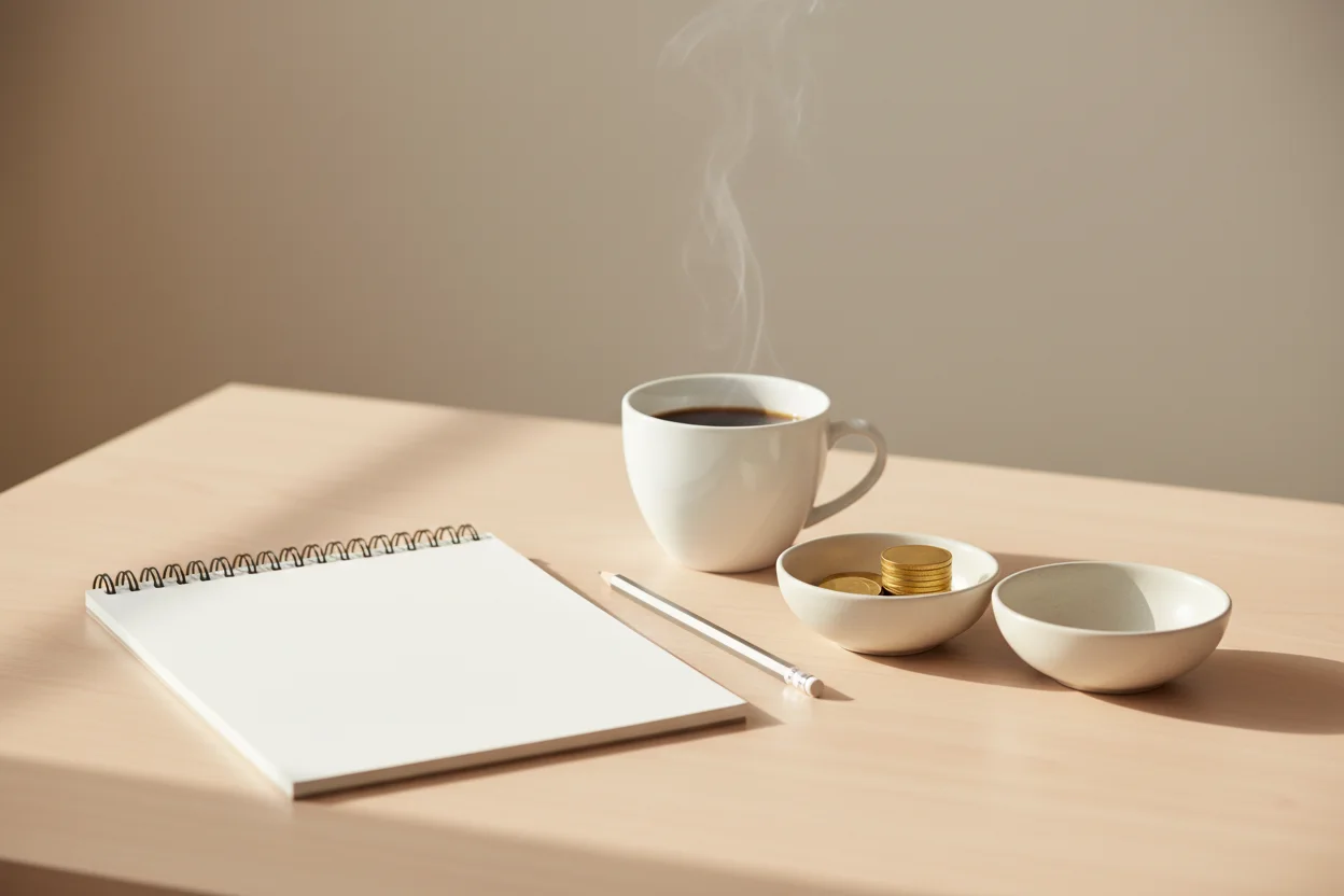 Caderno de anotações, calculadora e café sobre mesa com moedas separadas do dinheiro de vendas
