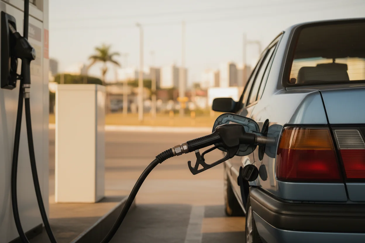 Bico de combustível abastecendo tanque de carro em posto sem placas