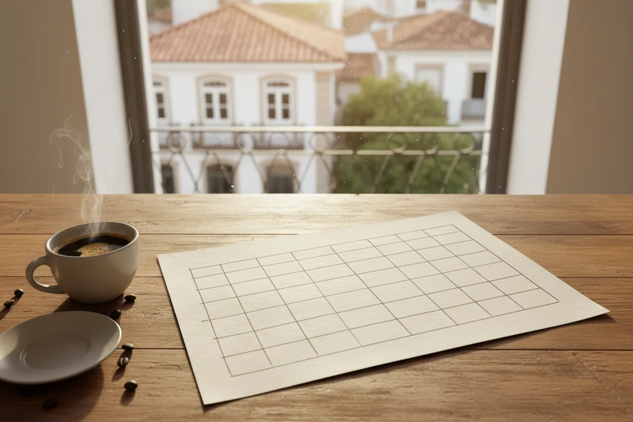 Folha de papel em branco com traços de grade ao lado de café na escrivaninha