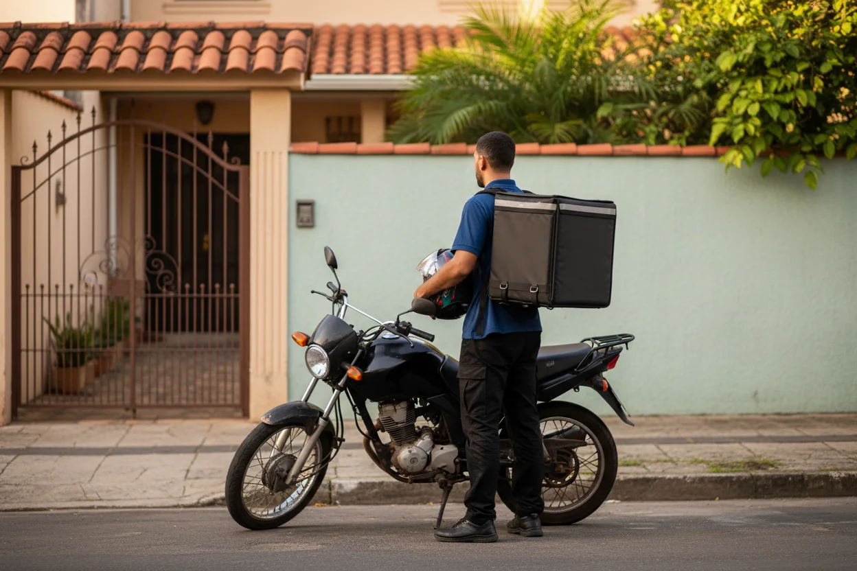 Motoboy de uniforme liso com mochila térmica junto à moto em portão residencial