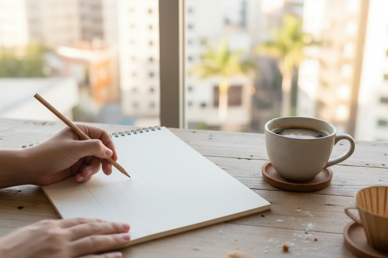 Mãos escrevendo a lápis em caderno em branco com café ao lado