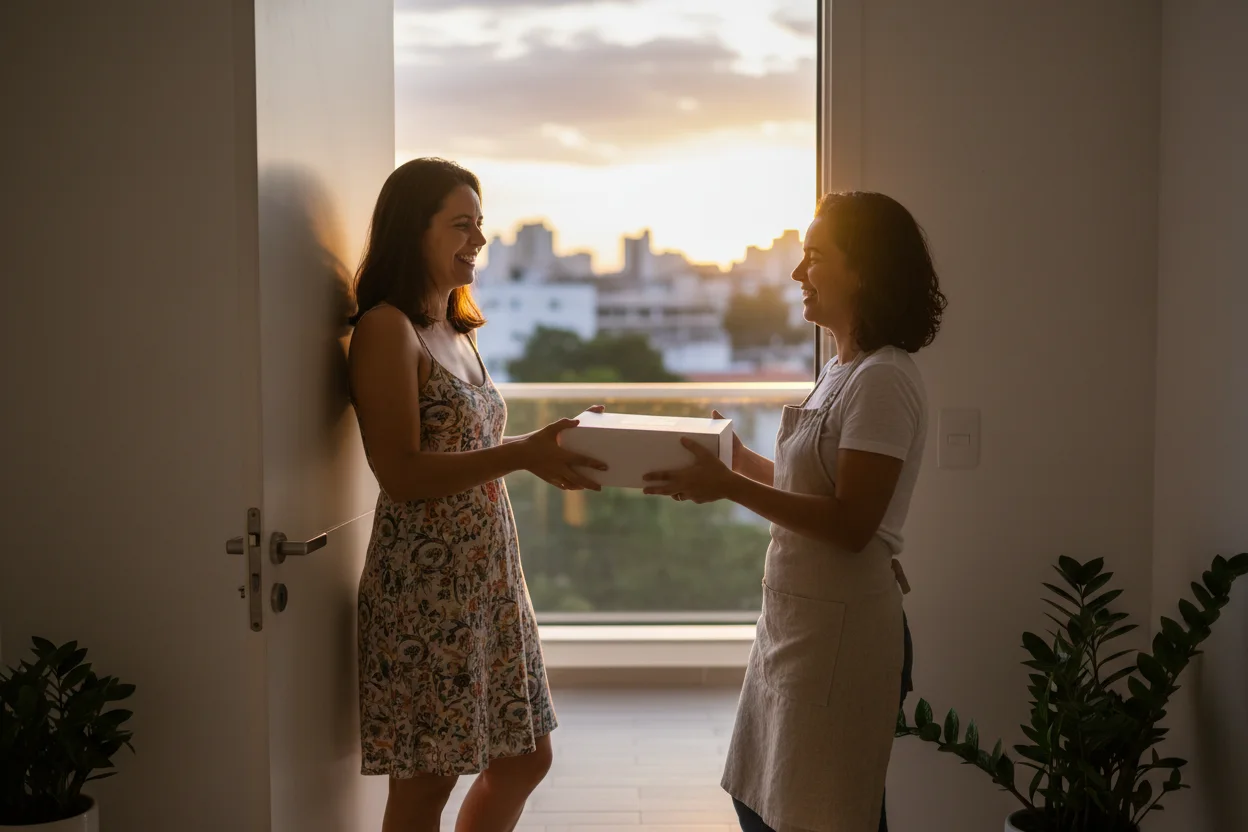 Cliente sorridente recebendo caixa de bolo da confeiteira na porta do apartamento