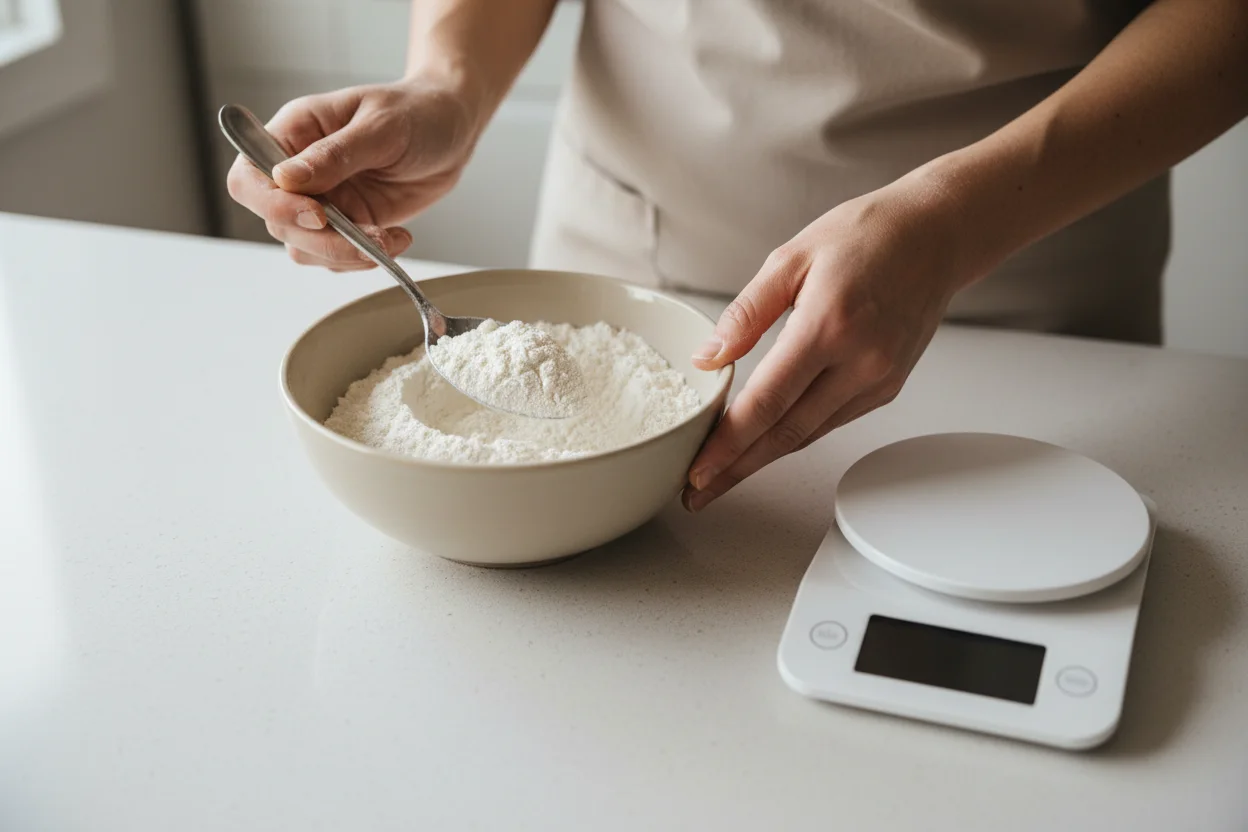 Confeiteira pesando farinha em balança de cozinha na primeira produção caseira