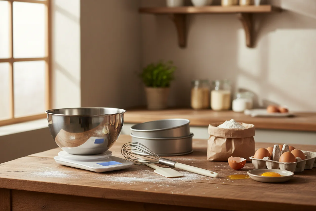 Bancada de cozinha com utensílios básicos de confeitaria e insumos organizados