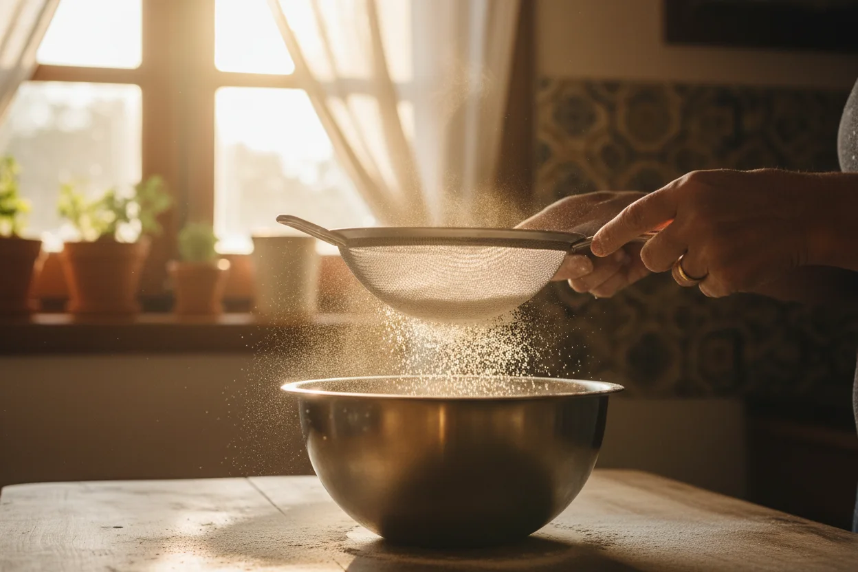 Mãos peneirando farinha em tigela de inox com luz lateral