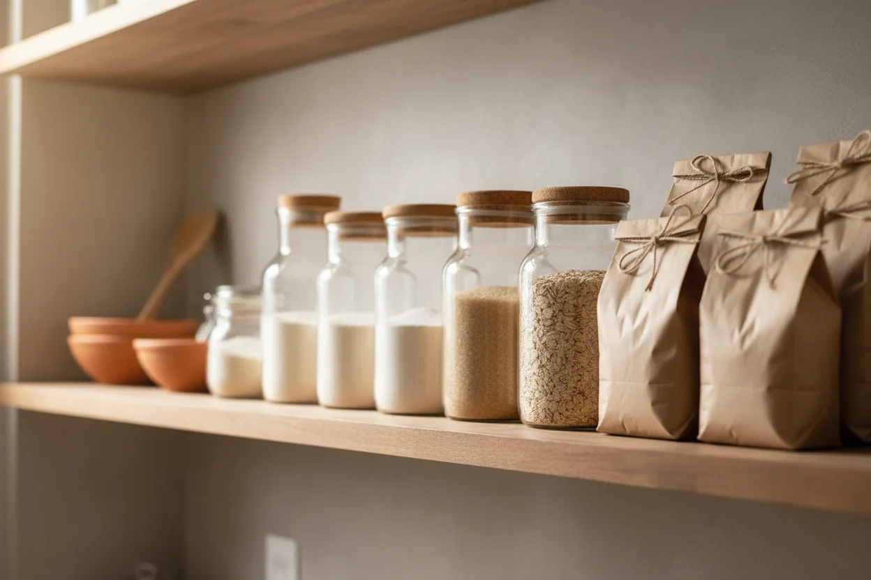 Potes e vidros de ingredientes sem rotulo organizados em prateleira de despensa de confeitaria