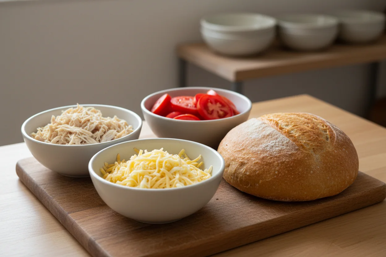 Tigelas sem rótulo com frango desfiado, queijo ralado e tomate ao lado de um pão rústico sobre tábua de madeira