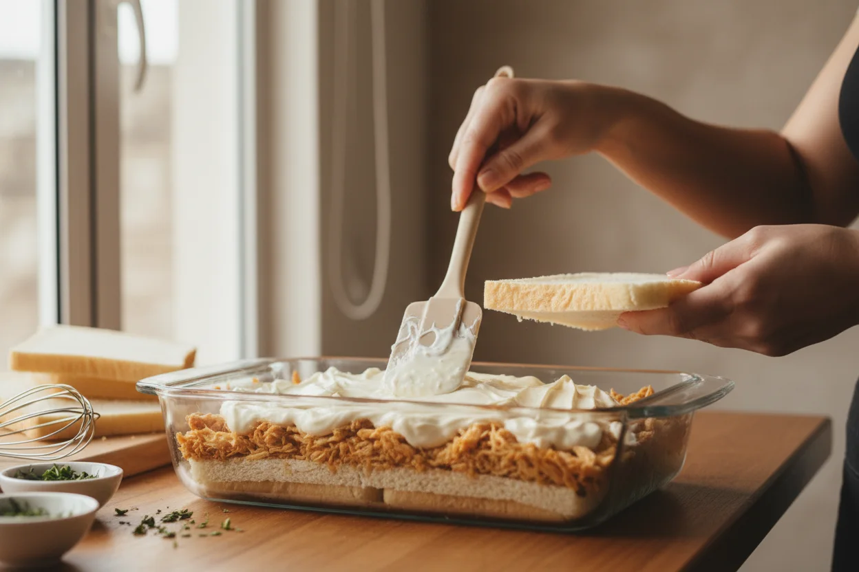 Mãos de confeiteira montando bolo salgado de pão de forma em camadas com creme branco e frango desfiado em travessa de vidro