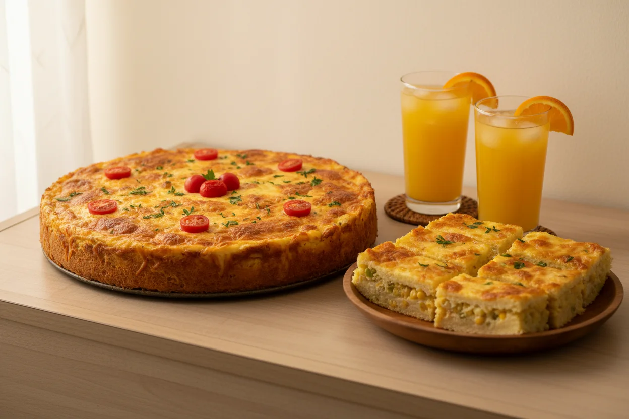 Mesa de lanche com bolo salgado inteiro e prato de fatias ao lado de dois copos altos de suco em cozinha iluminada