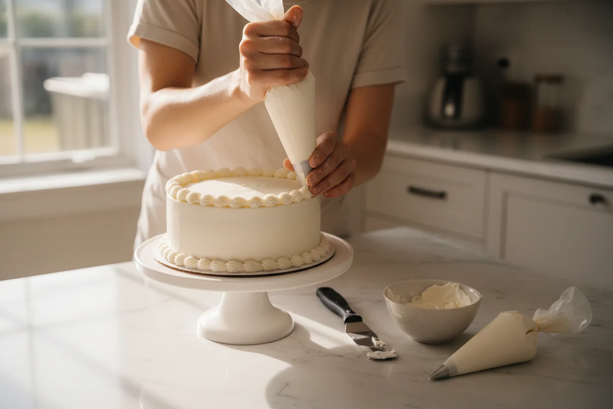Mãos de confeiteira aplicando borda decorativa com saco de confeitar em bolo coberto de glacê branco