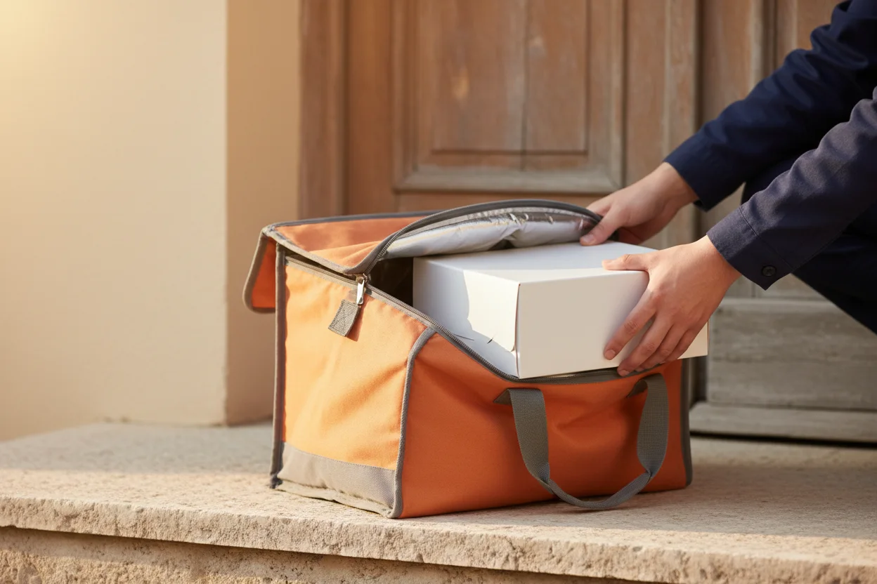 Bolso térmico de entrega recebendo caixa de bolo na soleira da porta, luz da manhã