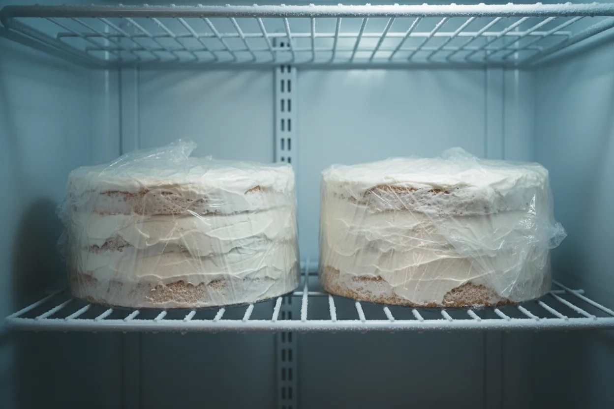 Dois bolos de camadas envoltos em filme plástico sobre a grade de gelo dentro de um freezer