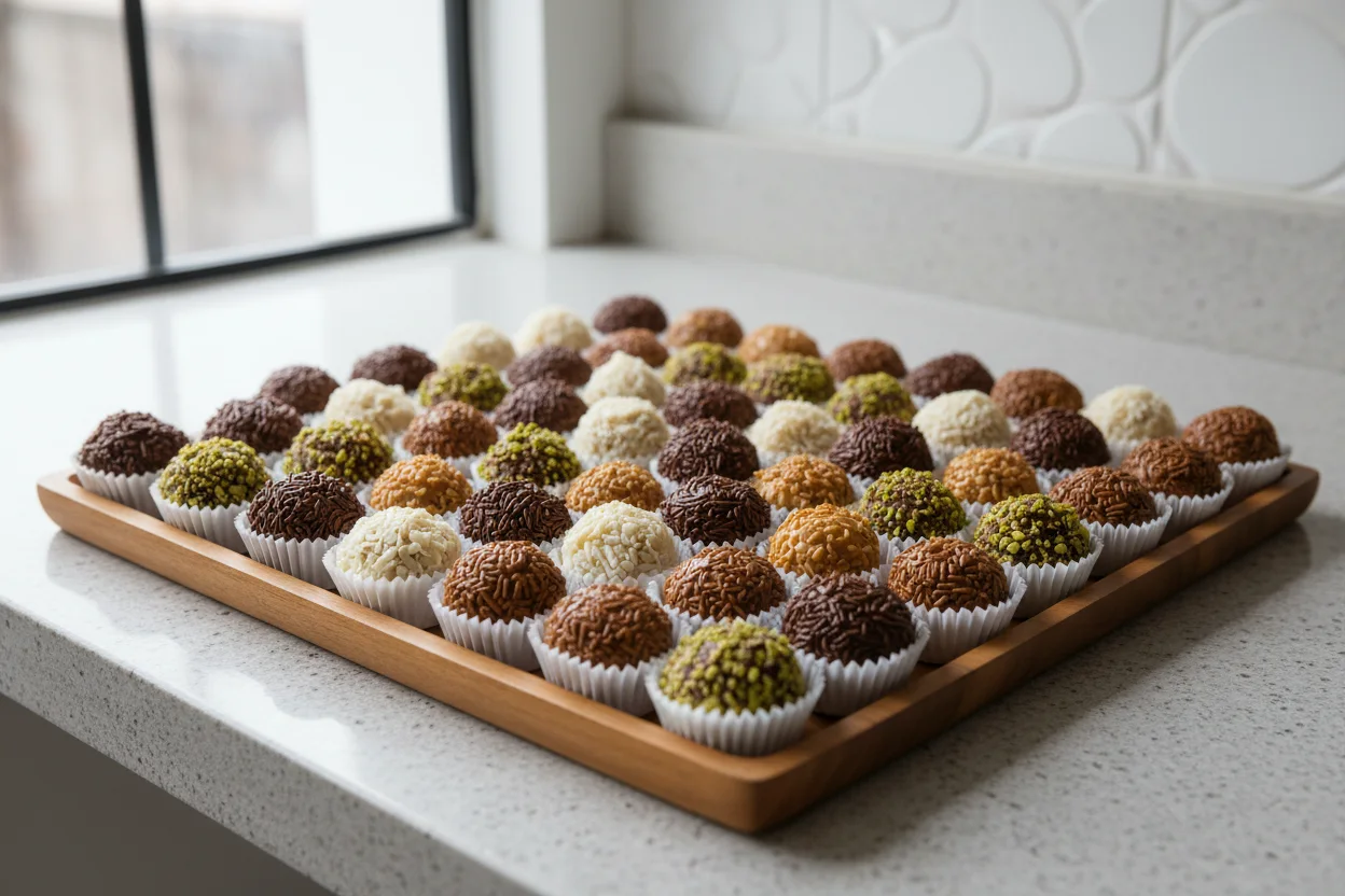 Travessa grande de brigadeiros forrados em papelotes alinhados, luz de cozinha profissional