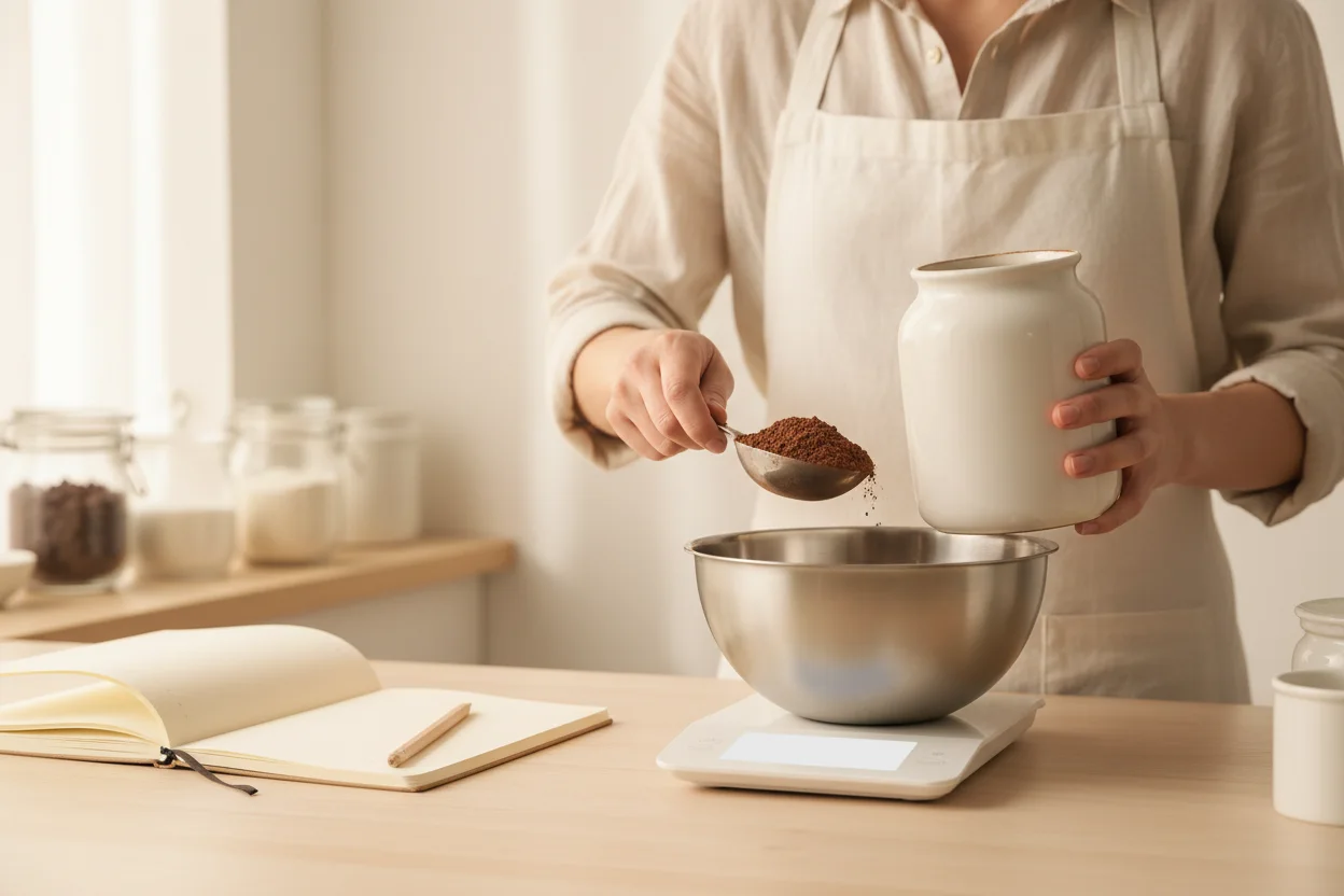 Confeiteira pesando chocolate em pó na balança de cozinha com caderno aberto na bancada