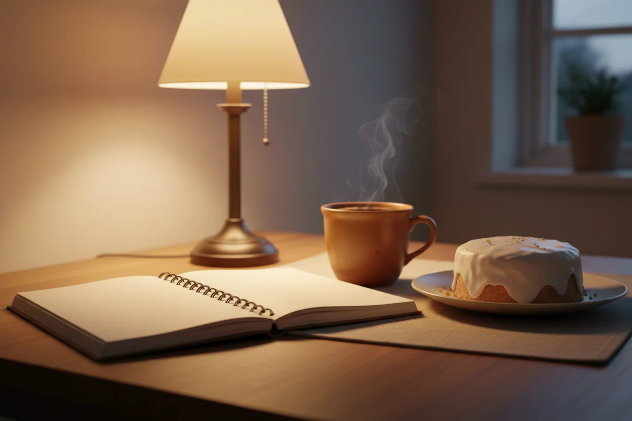 Mesa de cozinha à noite com caderno de anotações, xícara de café e mini bolo decorado