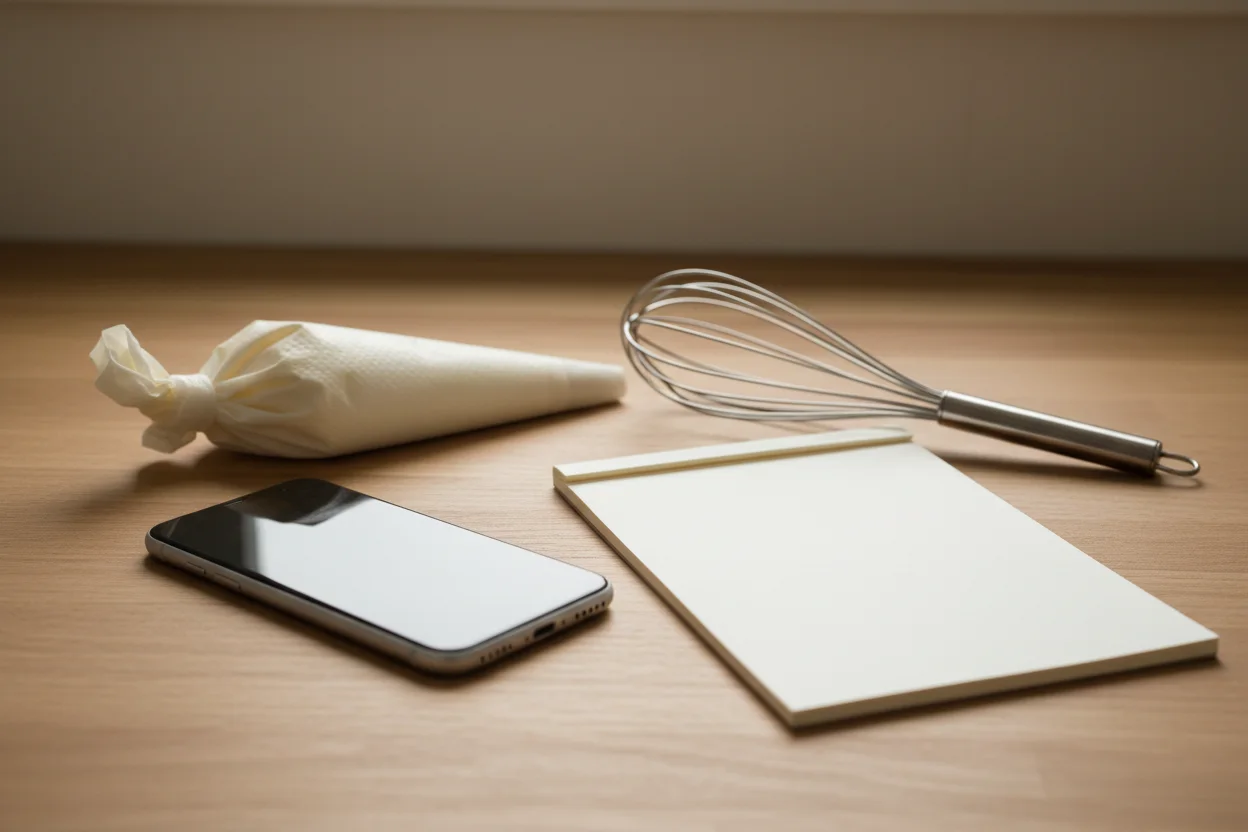 Celular virado para baixo na bancada da cozinha ao lado de saco de confeitar e caderno em branco