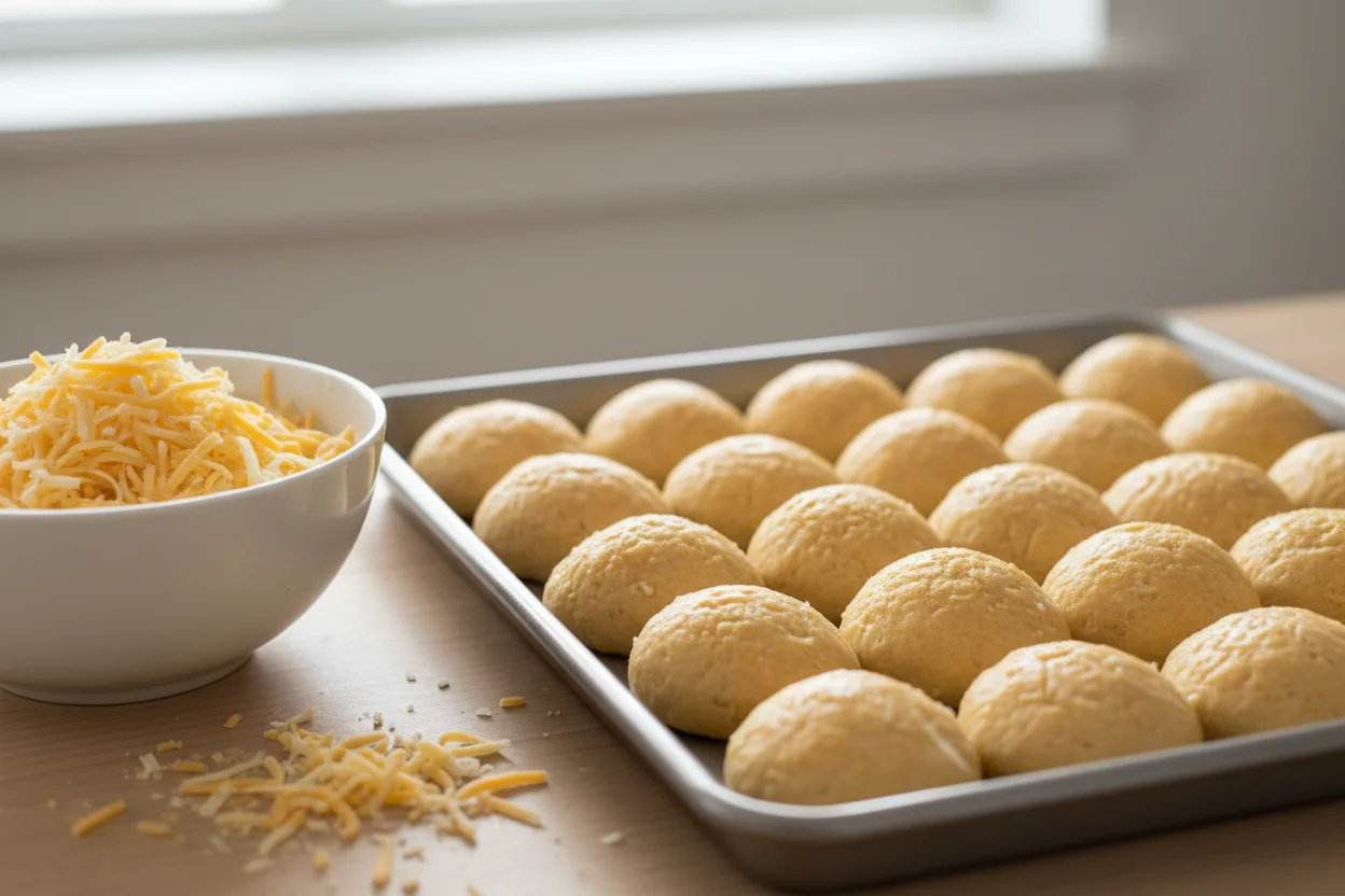 Assadeira com fileiras ordenadas de pãezinhos de queijo crus, ao lado de tigela de queijo ralado, luz da cozinha