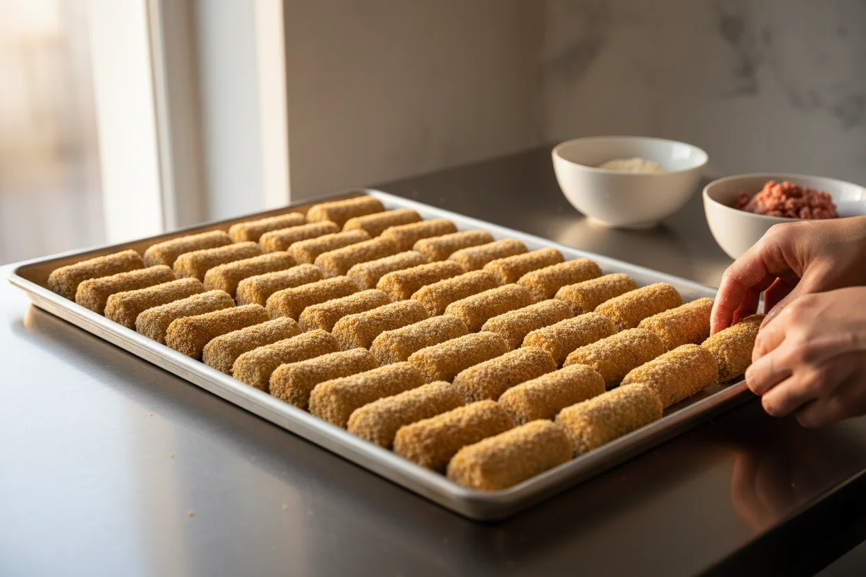 Assadeira metálica com croquetes empanados alinhados em fileiras, mãos ajustando a última peça na bancada de cozinha