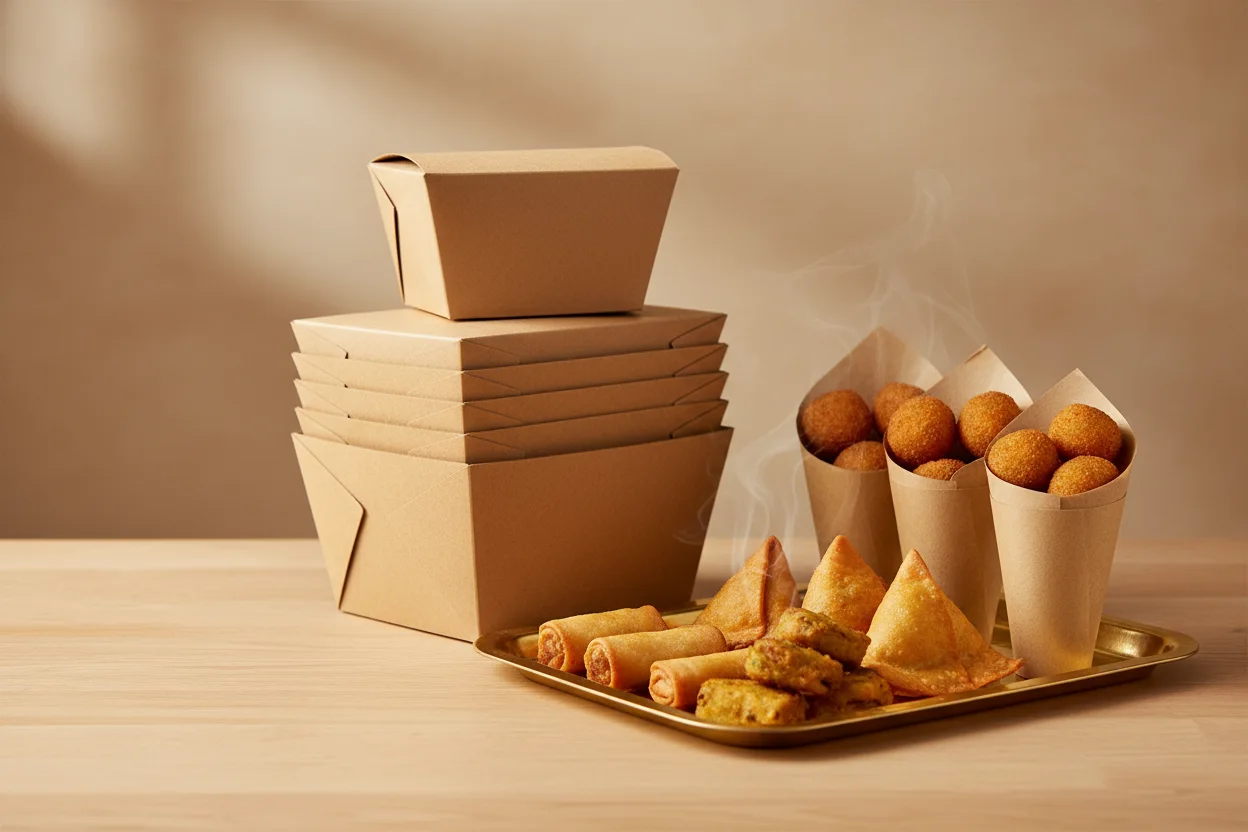 Pilha de caixas de papel kraft sem impressão ao lado de bandeja dourada com salgados fritos quentes e cones de papel com croquetes