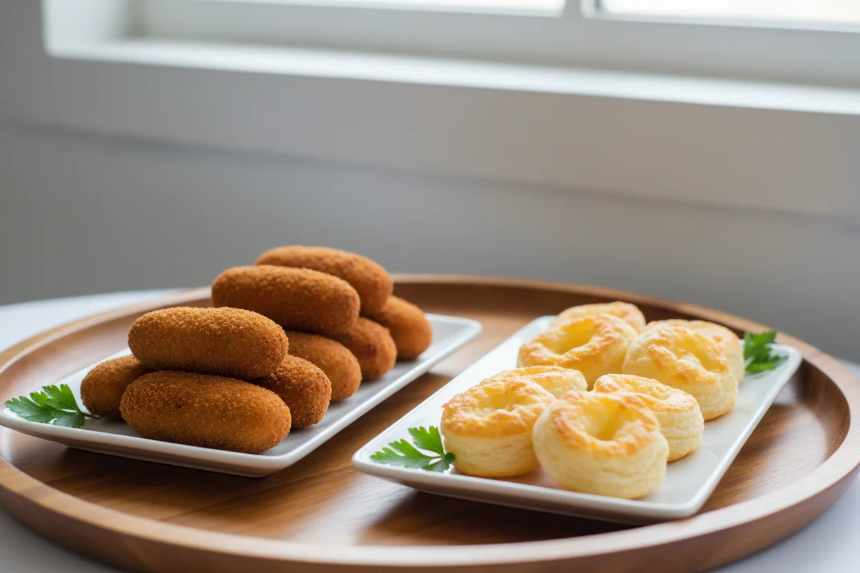 Travessa de coxinhas douradas e empadas de queijo em pratos brancos simples, comida de festa