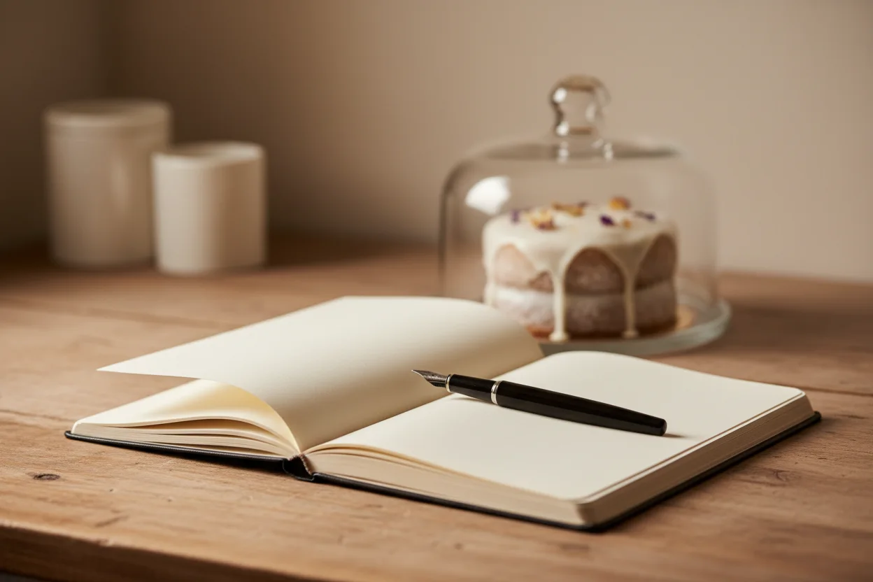 Dois envelopes em papel sobre a mesa da cozinha ao lado de um cupcake, luz da manhã