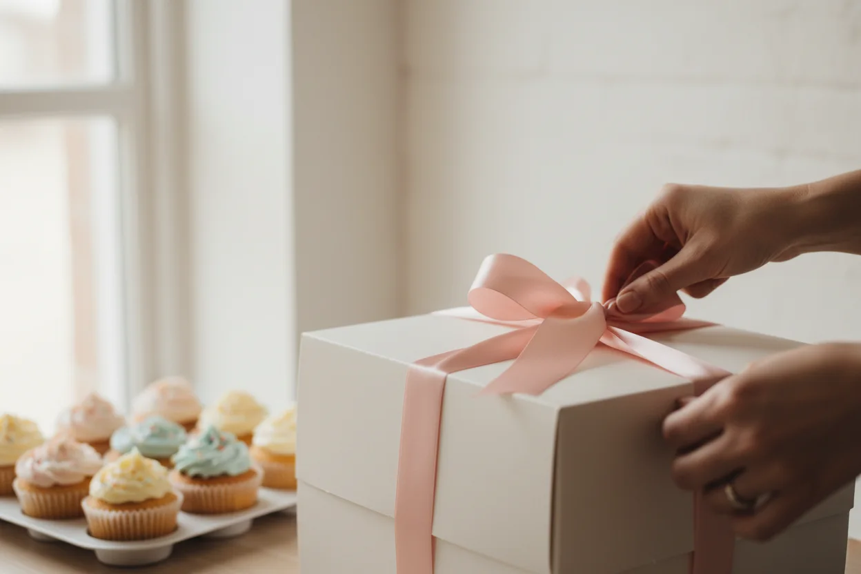 Mãos amarrando fita de cetim em caixa de bolo simples, cupcakes decorados desfocados ao fundo
