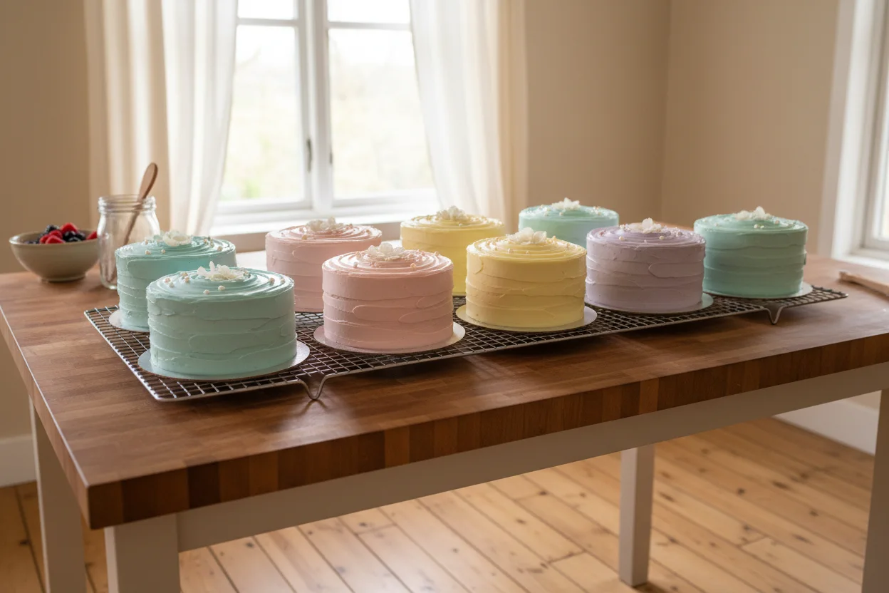 Fileira de bolos decorados em tamanhos diferentes sobre grade de resfriamento em cozinha caseira