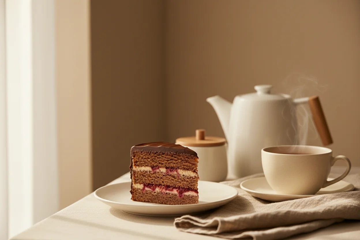 Cena de cafe da tarde: fatia de bolo de camadas em prato simples ao lado de xicara e guardanapo de linho
