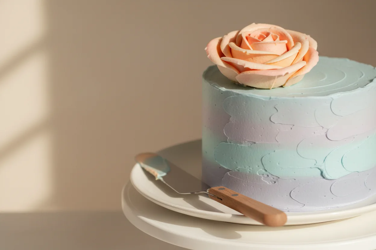 Close de rosa de confeitaria aplicada em bolo pastel, espátula ao lado