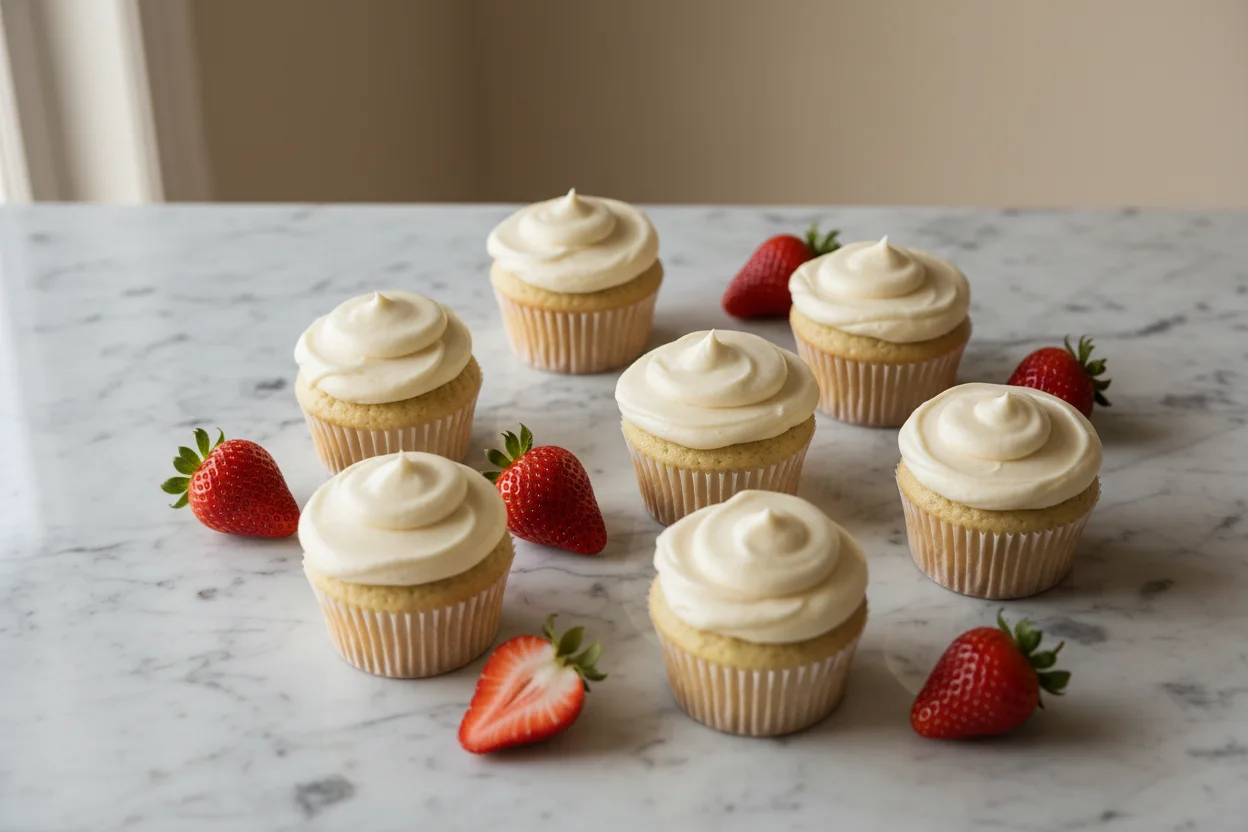 Cupcakes de cobertura lisa arrumados em bancada de marmore com luz natural