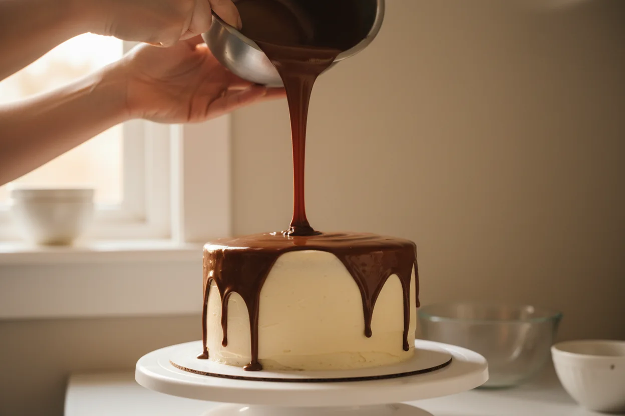 Mãos aplicando cobertura de chocolate sobre bolo em girafa de confeitaria