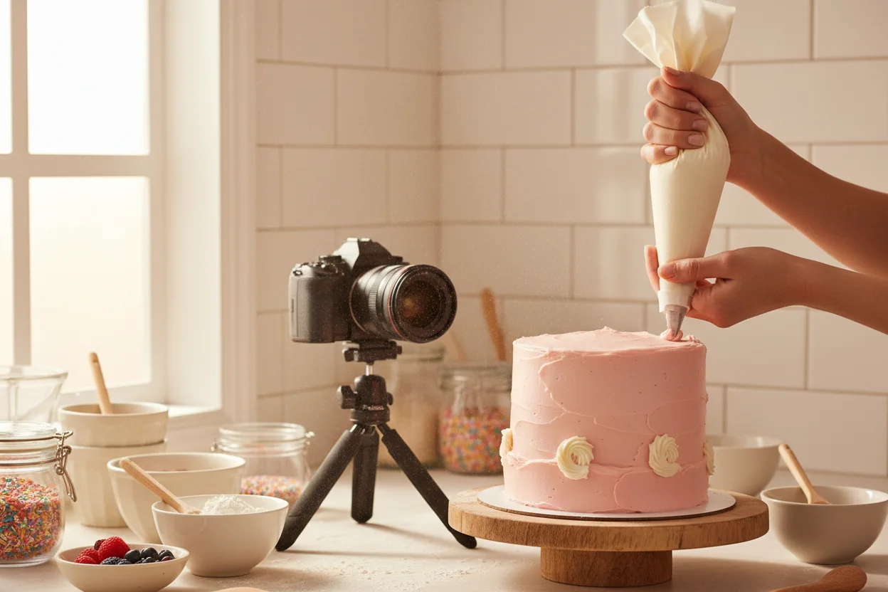 Bolo em decoração na cozinha de confeitaria caseira com luz de janela