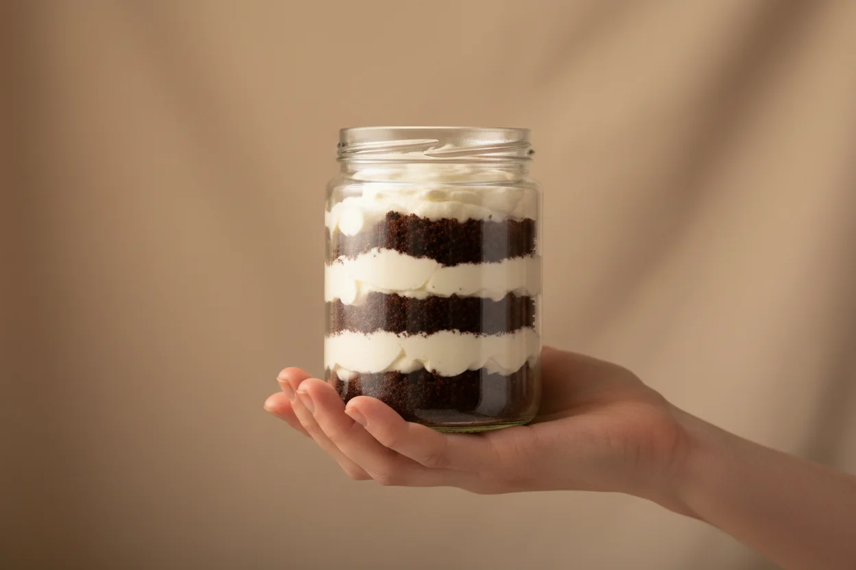 Mao segurando pote de vidro transparente com camadas de bolo de chocolate e creme a mostra, sem rotulo, fundo bege com luz de janela