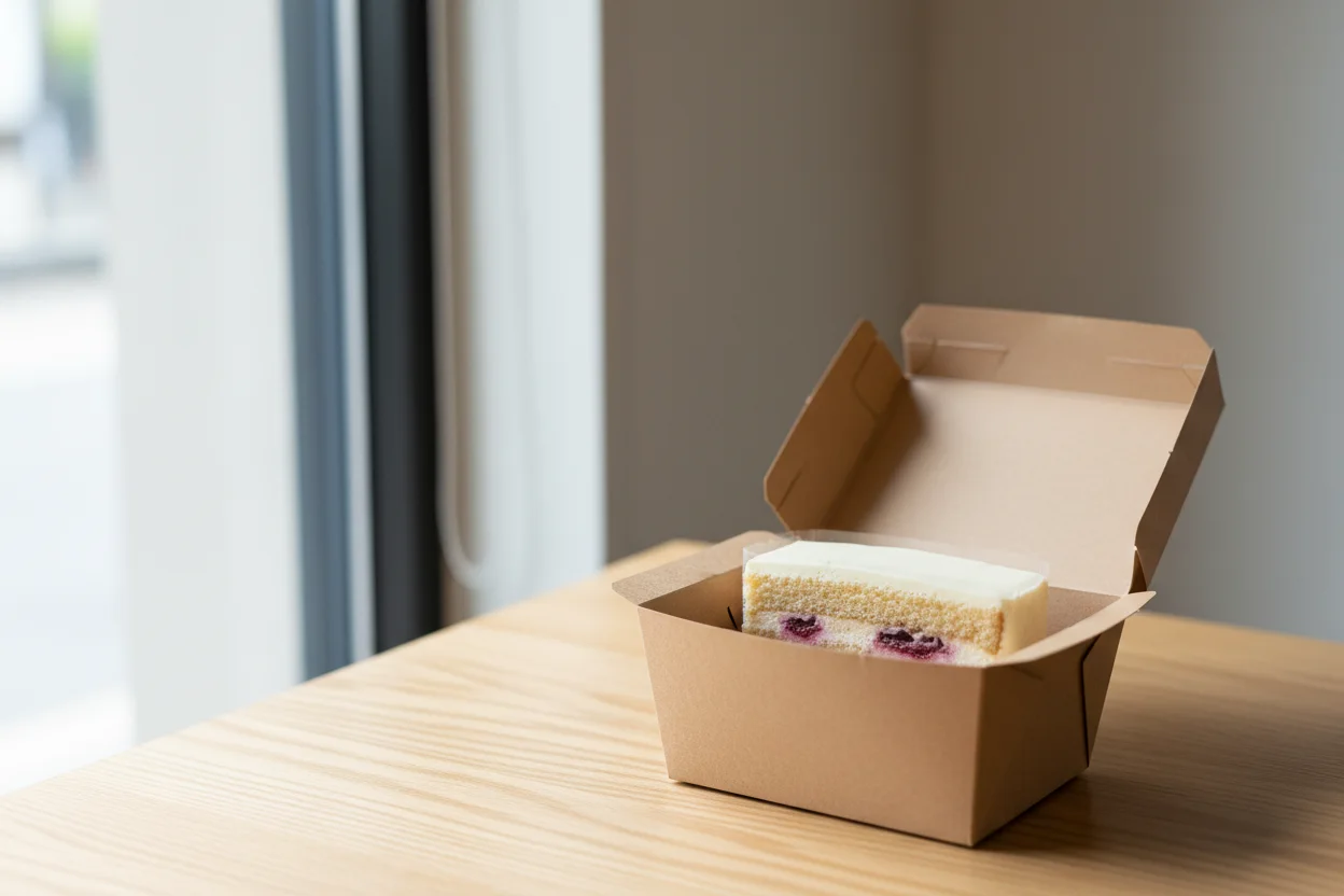 Caixa de papel kraft aberta com fatia de bolo de camadas recheada sobre mesa de madeira clara perto de uma janela