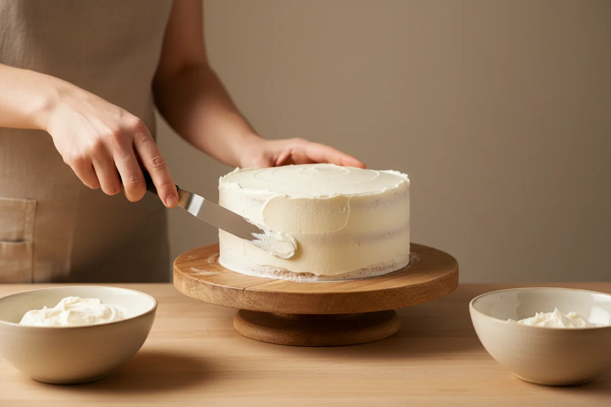 Confeiteira cobrindo bolo com espátula sobre giratória de madeira