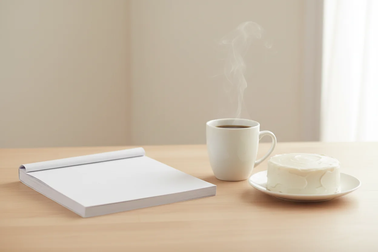Caderno de anotações em branco ao lado de calculadora de bolso e xícara de café