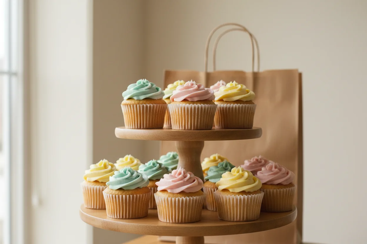 Suporte com cupcakes forrados em papelotes simples, cobertos com pasta pastel, sacola de entrega desfocada atrás