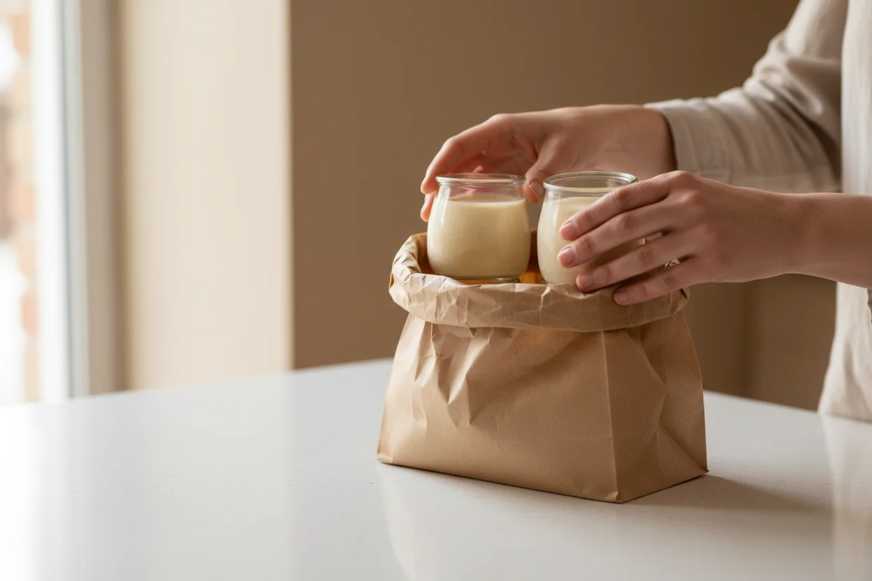 Mãos colocando potes de sobremesa simples em sacola de papel kraft, sobre a bancada da cozinha